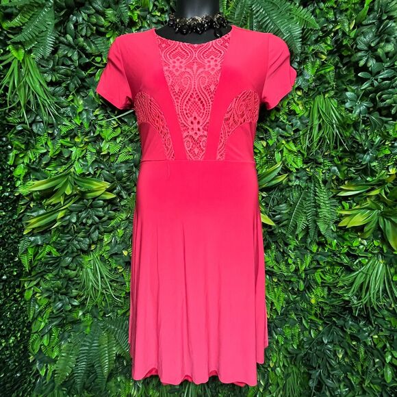 NINA PIU Dress Women Large Coral Pink Lace Fit Flare Skater Stretch 1297 - Picture 2 of 8